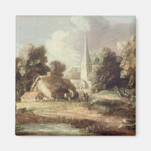 Íman Paisagem com uma igreja, casa de campo, aldeões e