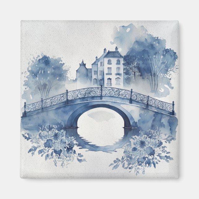 Íman Paisagem de estilo Delft azul e branco (Frente)
