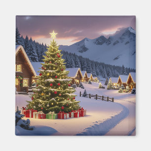 Íman Paisagem de luzes de Natal com neve