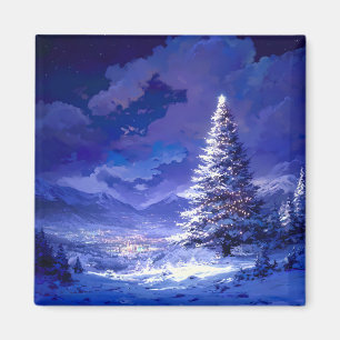 Íman Paisagem de montanha nevada com árvore de Natal br