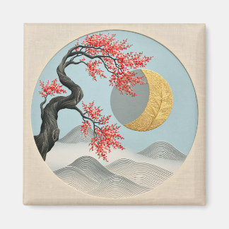 Íman Paisagem Minimalista Japonesa de Flor de Cerejeira