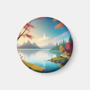 Íman Paisagem natural com um lago e cabana