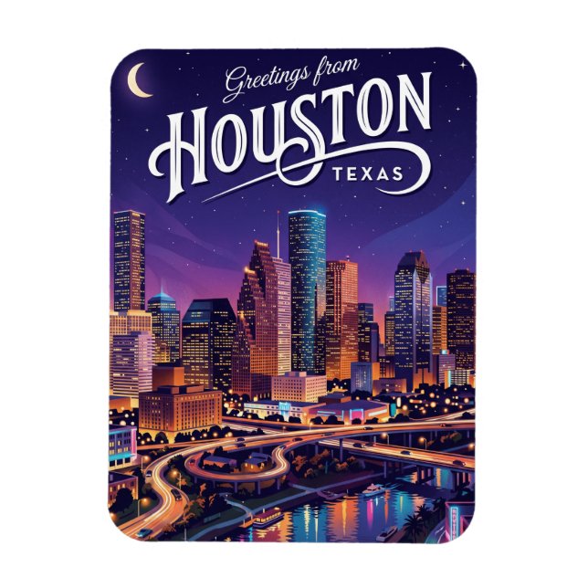 Íman Paisagem Noturna de Houston Texas Texas (Vertical)