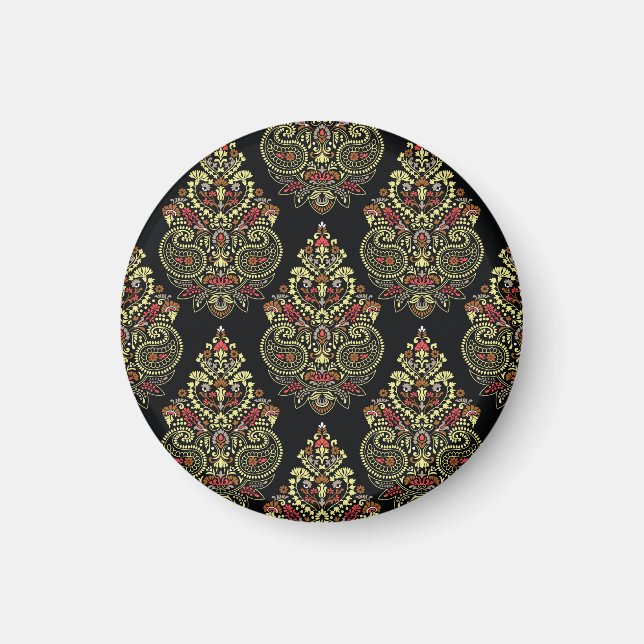 Íman paisley indiano, fundo negro geométrico (Frente)