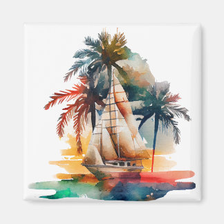 Íman Palma Tropical Colorida e Imagem de veleiro
