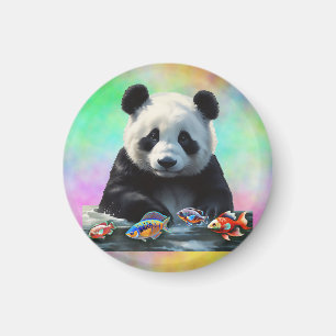 Íman Panda Observa Grupo Colorido de Peixes Nadando 