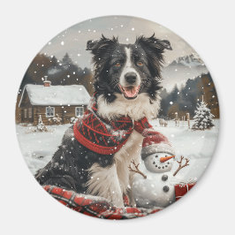 Íman Pano Collie Dog Snowman na fronteira de Natal