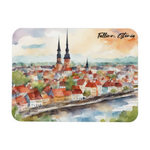 Íman Panorama de Tallinn Estônia Pintura em Aquarela