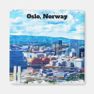 Íman Panorama Vista de Oslo Noruega Pintura em Aquarela