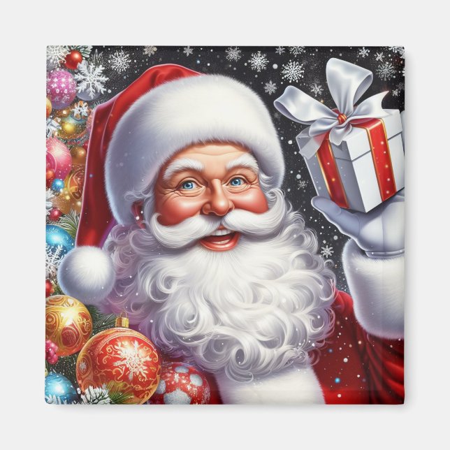 Íman Papai Noel clássico com presente e enfeites (Frente)