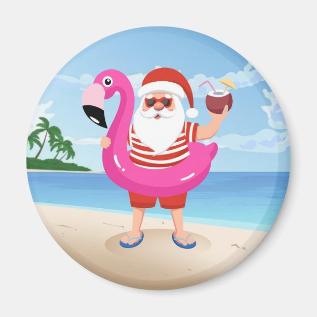 Íman Papai Noel com anel inflável flamingo (Frente)