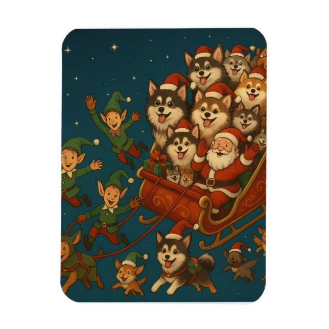 Íman Papai Noel com cachorros alegres e elfos! (Vertical)
