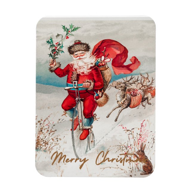 Íman Papai Noel em um penny farthing com renas (Vertical)