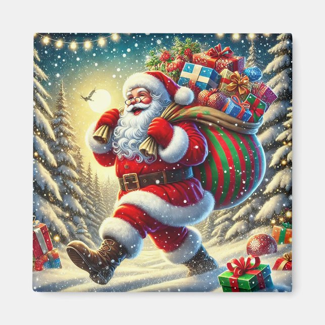 Íman Papai Noel Entregando Presentes em um Natal Nevado (Frente)