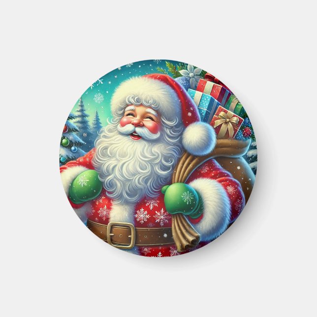 Íman Papai Noel Festivo Segurando um Saco de Presentes (Frente)