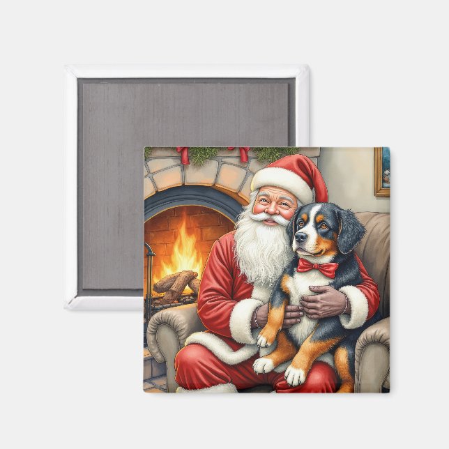 Íman Papai Noel segurando Bernese Mountain Dog no Natal (Front/Back)