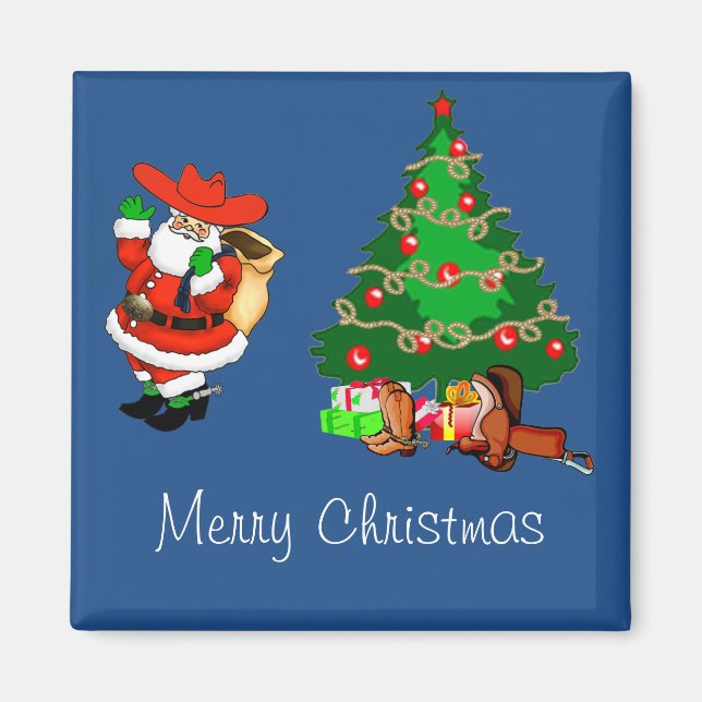 Íman Papais noeis De Vaqueiro Com Árvore De Natal Feliz (Frente)