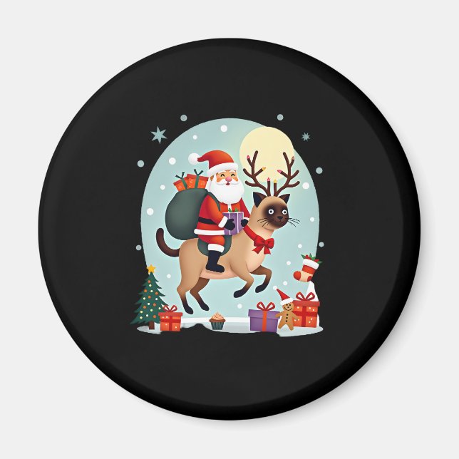 Íman Papais noeis Riding Reindeer Siamese Cat Árvore de (Frente)