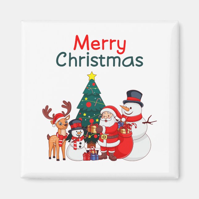 Íman Papais noeis, Snowman E Reindeer Feliz Natal (Frente)