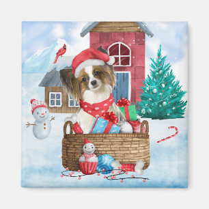 Íman Papillon Cão Na Neve Casa De Cachorro De Natal
