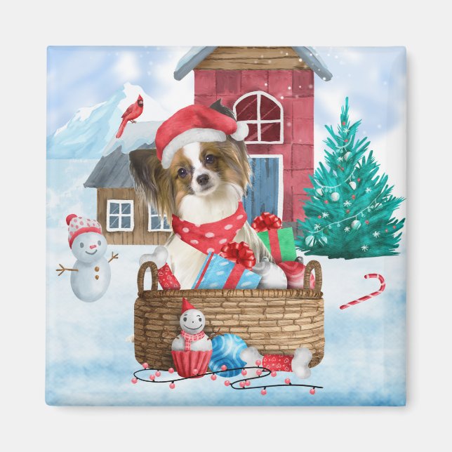 Íman Papillon Cão Na Neve Casa De Cachorro De Natal (Frente)