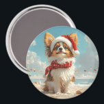 Íman Papillon Dog Christmas Vintage Beach<br><div class="desc">Traga o calor dos feriados para a costa com esta charmosa design inspirada na vintagem, que apresenta um cão festivo sentado numa praia serena. Com um clássico toque de feriado de tons nostálgicos e vibrações costeiras, esta trabalho de arte captura a magia do Natal pelo mar. Perfeito para espalhar alegria...</div>