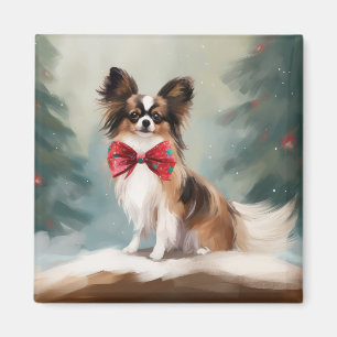 Íman Papillon Dog no Natal da Neve