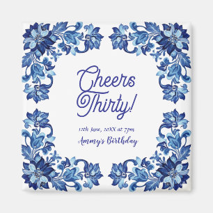 Íman Parabéns trinta aniversário azul real floral borda