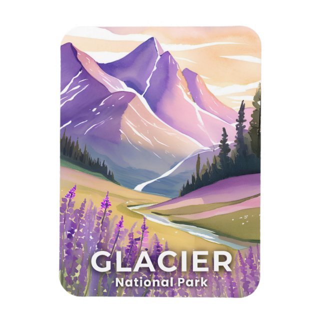 Íman Parque Nacional da Glaciar | Aquarela de Lavanda d (Vertical)