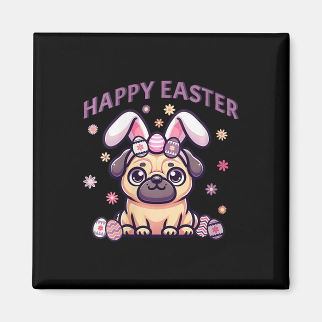Íman Páscoa Pug Vestindo Coelhinhos Orelhas Felz pascoa (Frente)