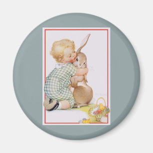 Íman Páscoa Vintage, Criança Bonita com Coelho Coelho