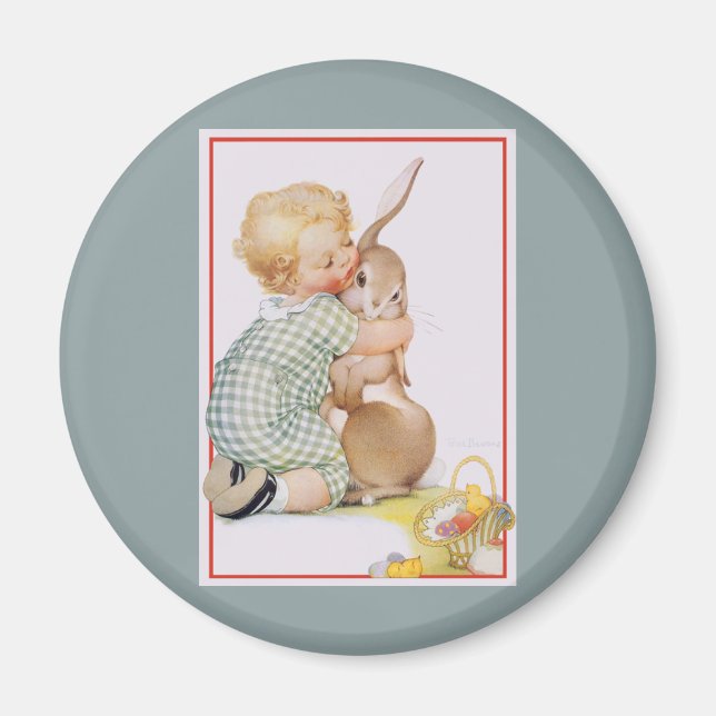 Íman Páscoa Vintage, Criança Bonita com Coelho Coelho (Frente)