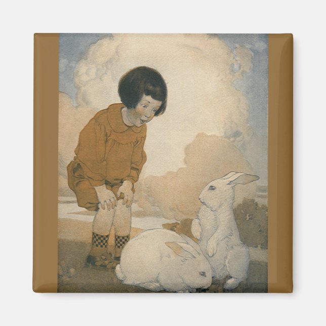 Íman Páscoa Vintage, Criança Brincando com Coelhos Bran (Frente)