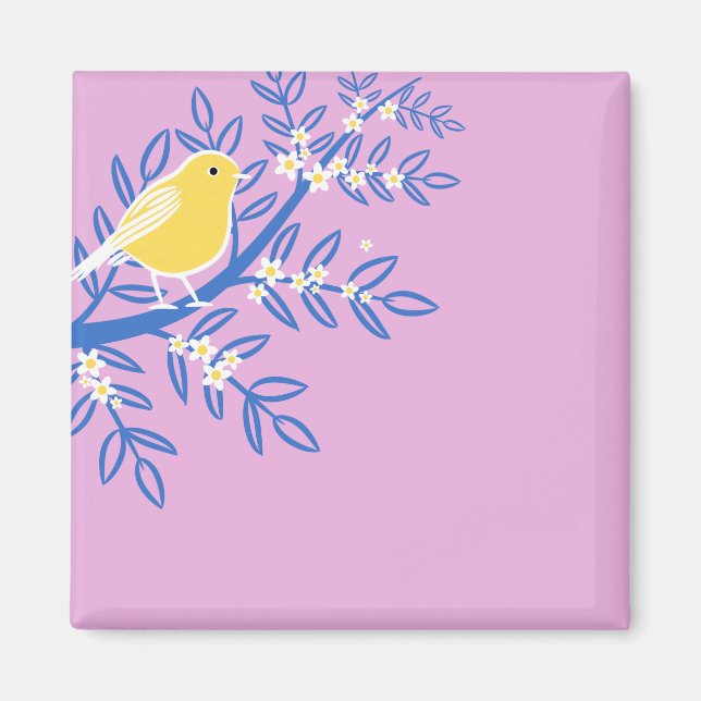Íman Pássaro Amarelo Ilustrado em um Fundo Rosa (Frente)