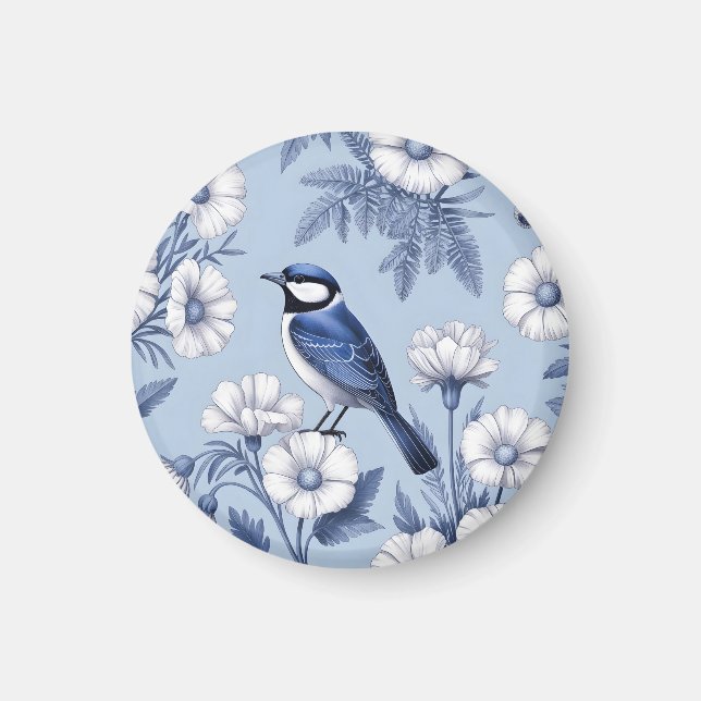 Íman Pássaro Azul Elegante e Padrão Floral Branco (Frente)