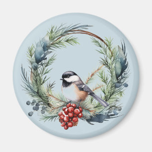 Íman Pássaro Chickadee de Natal na Arte Wreath
