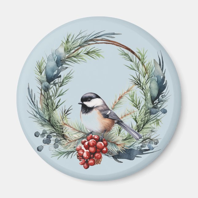 Íman Pássaro Chickadee de Natal na Arte Wreath (Frente)