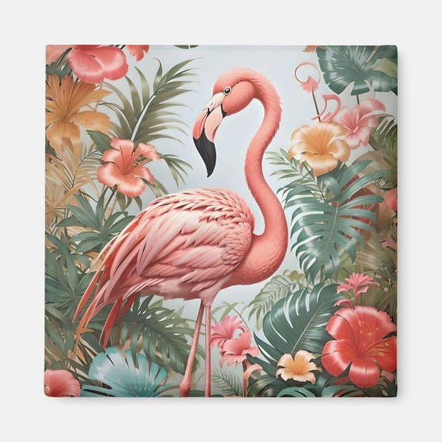 Íman Pássaro Flamingo Rosa Elegante e Flores Tropicais (Frente)