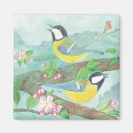 Íman Pássaros cantando em um galho de árvore florescent