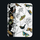 Íman Pássaros e borboletas em um fundo preto e branco<br><div class="desc">A artista Chariklia Zarris é uma pintora e designer talentosa. Ela gosta de pintar pássaros e animais selvagens e esta foto não é exceção. As cores vivas das aves e das borboletas são acentuadas pelos ramos preto e branco no fundo.</div>