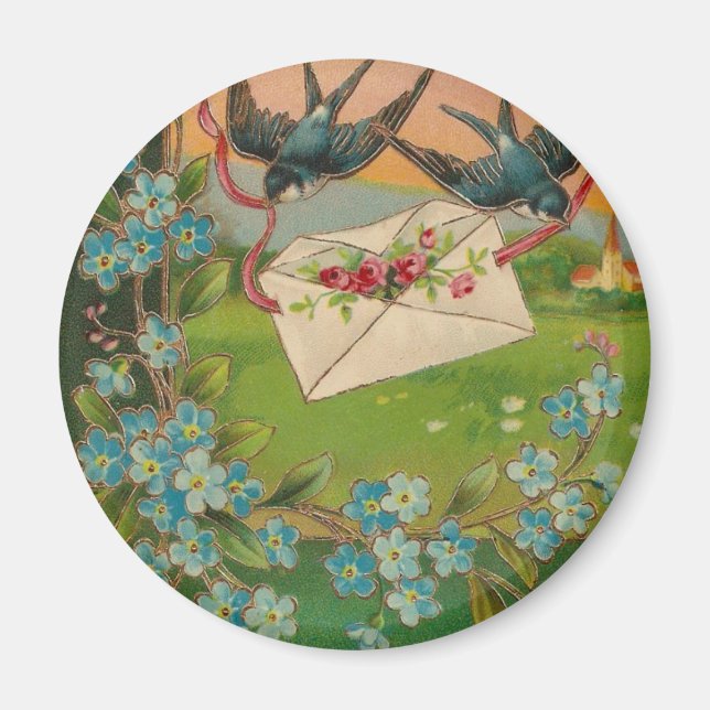 Íman Pássaros e flores com cartão postal de aniversário (Frente)