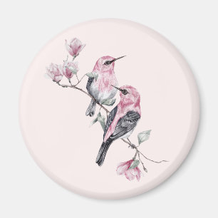 Íman Pássaros rosa e pretos em uma ramificação de árvor