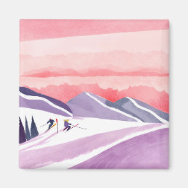 Íman Pastel Watercolor Ski Mountain Sunset