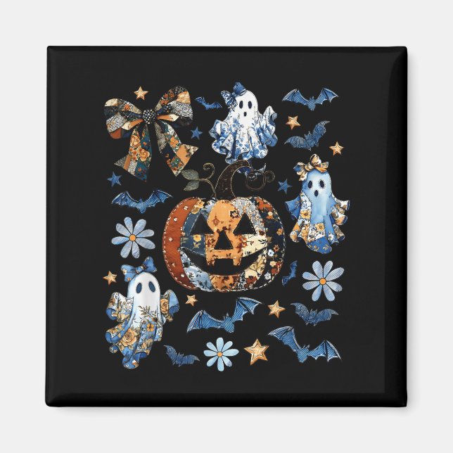 Íman Patchwork Floral de Denim Azul Pumpkin Ghost Coque (Frente)