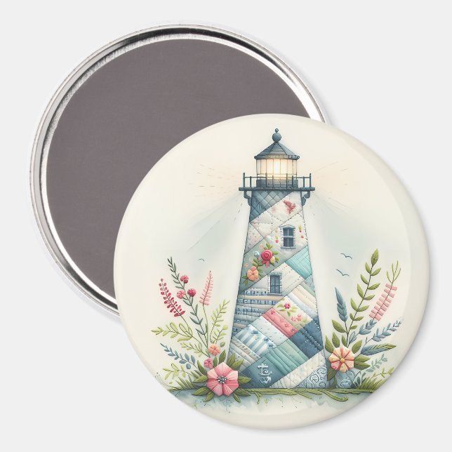 Íman Patchwork Lighthouse Coastal Floral Scene (Front/Back)