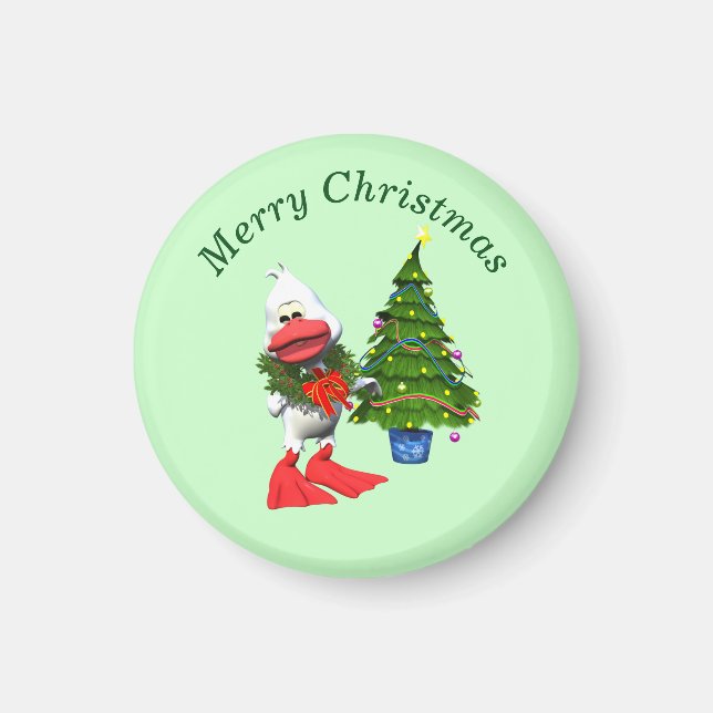 Íman Pato Branco do Natal Fofo Vestindo uma Grinalda (Frente)