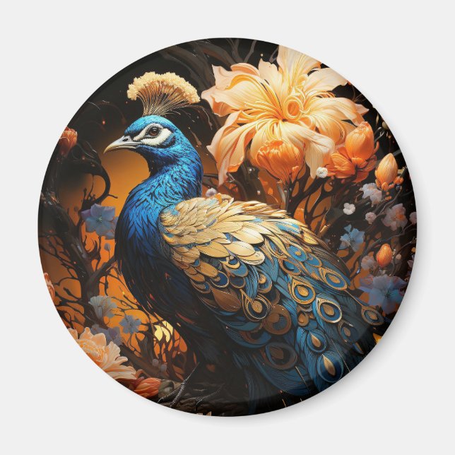 Íman Pavão Azul e Dourado Gerado por IA (Frente)