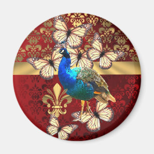 Íman Pavão elegante do vintage e damasco vermelho