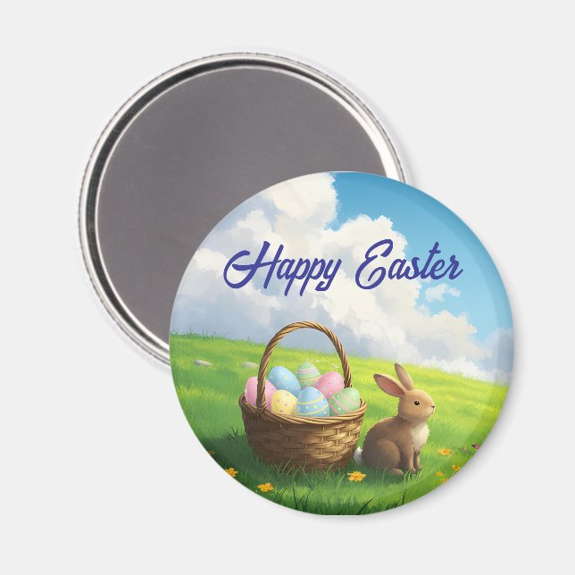 Íman Peaceful Easter Spring Meadow Bunny & Egg Basket (Front/Back)