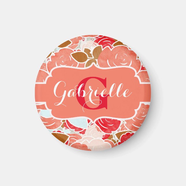 Íman Peach e Rosas de Aquarela Dourada Monograma Floral (Frente)